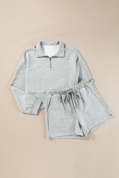 Stand Neck Zipped Sweatshirt And Shorts Set | Light Grey