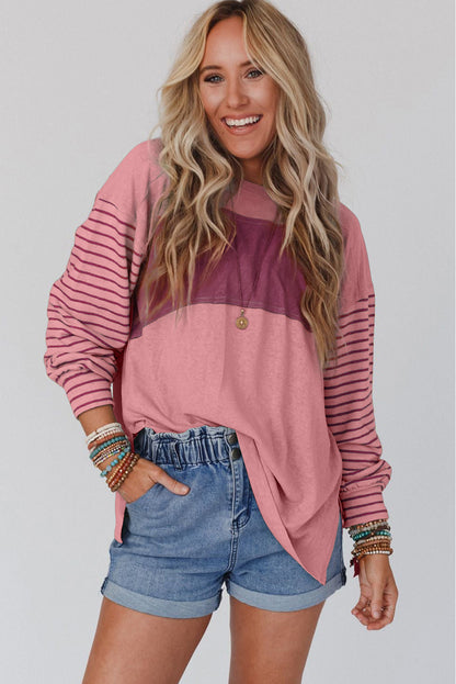 Colourblock Striped Bishop Sleeve Top | Peach Blossom