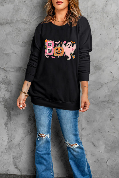 Boo Pumpkin Ghost Print Crew Neck Halloween Sweatshirt | Black