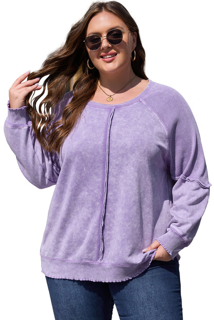 Textured Patchwork Frilled Trim Plus Size Pullover Sweatshirt | Orchid Petal