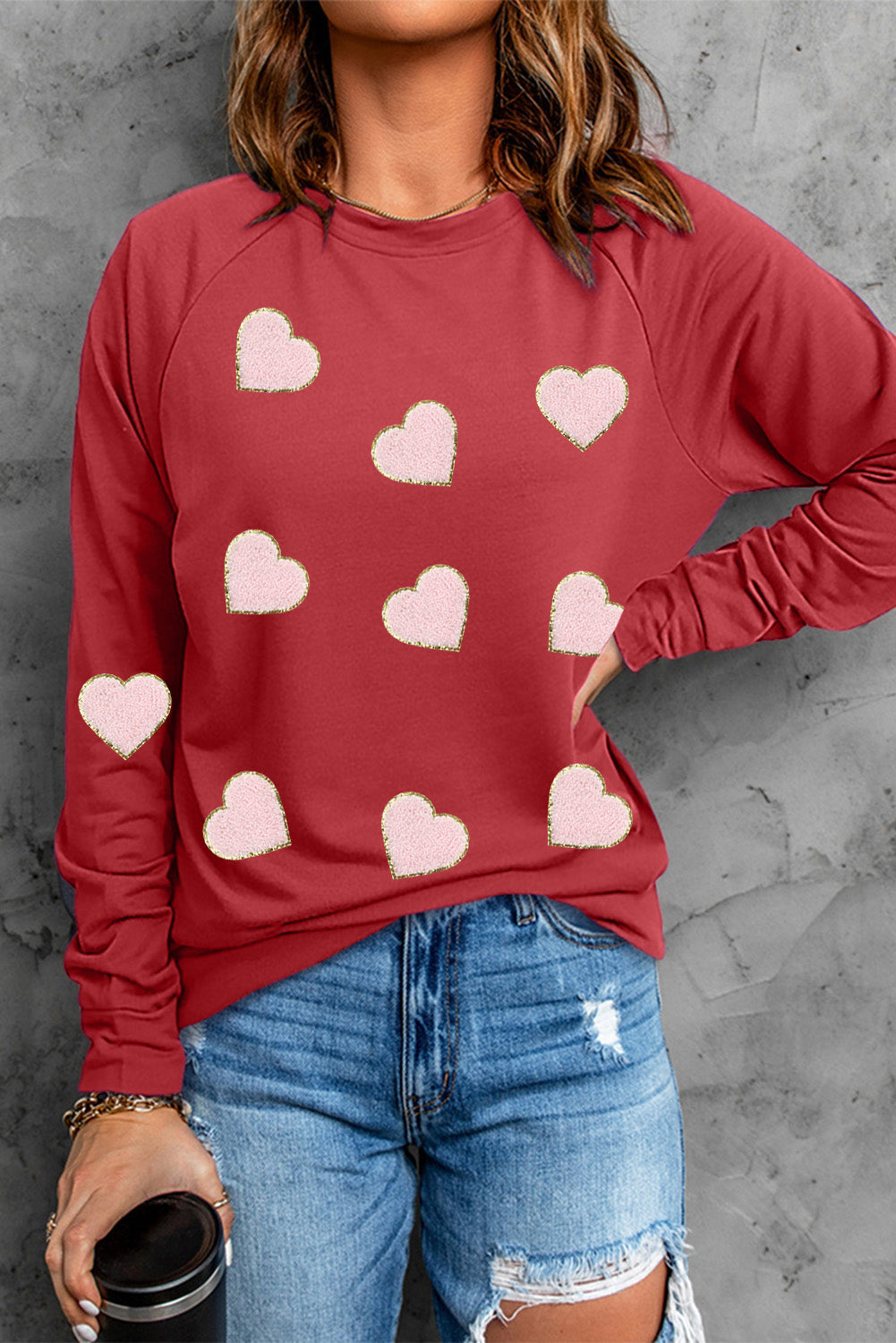 Heart Shaped Glitter Chenille Patched Pullover Sweatshirt | Red