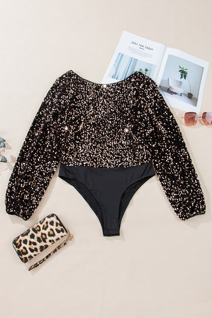 Deep V Back Sequin Puff Sleeve Bodysuit | Black