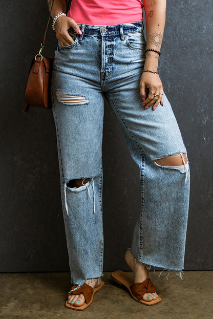 Distressed Ripped Raw Hem Straight Jeans | Light Blue