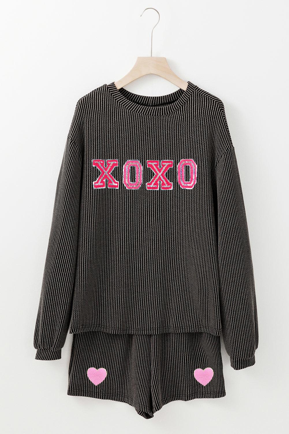 Xoxo Heart Patched Pattern Long Sleeve Corded Shorts Set | Carbon Grey