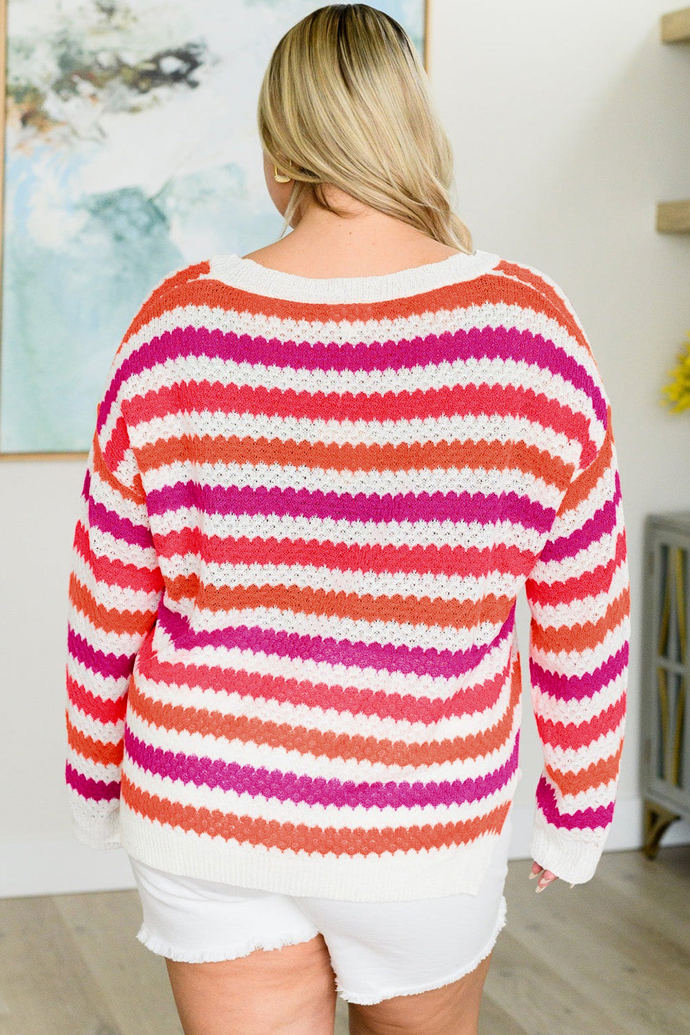 V Neck Drop Shoulder Plus Size Sweater | Pink Stripe