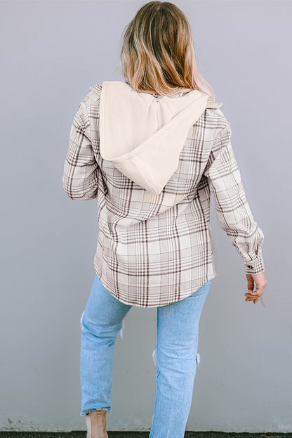 Plaid Removable Hood Buttoned Shacket | Khaki