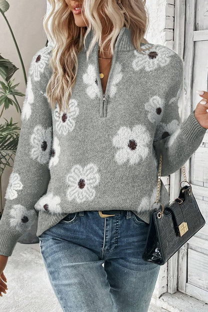 Floral Pattern Half Zip Drop Shoulder Sweater | Gray