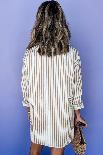 Long Sleeve Button Up Mini Shirt Dress | Khaki Stripe