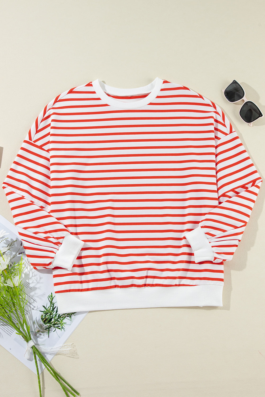 Drop Shoulder Crew Neck Loose Sweatshirt | Orange Stripe