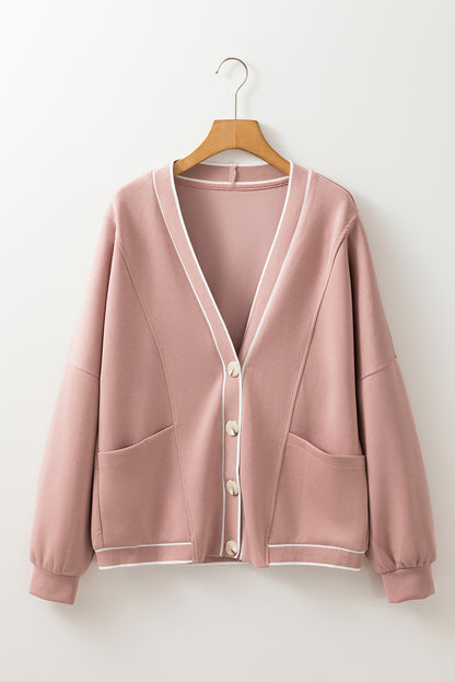 Contrast Trim V Neck Buttoned Front Pocketed Knit Cardigan | Pink Stripe