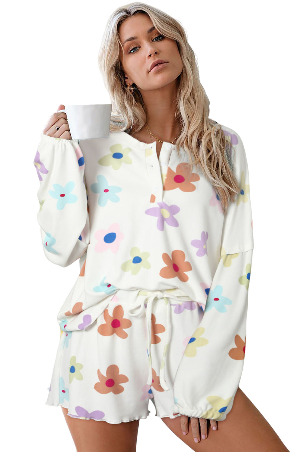 Floral Long Sleeve Henley Top And Drawstring Shorts Set | White