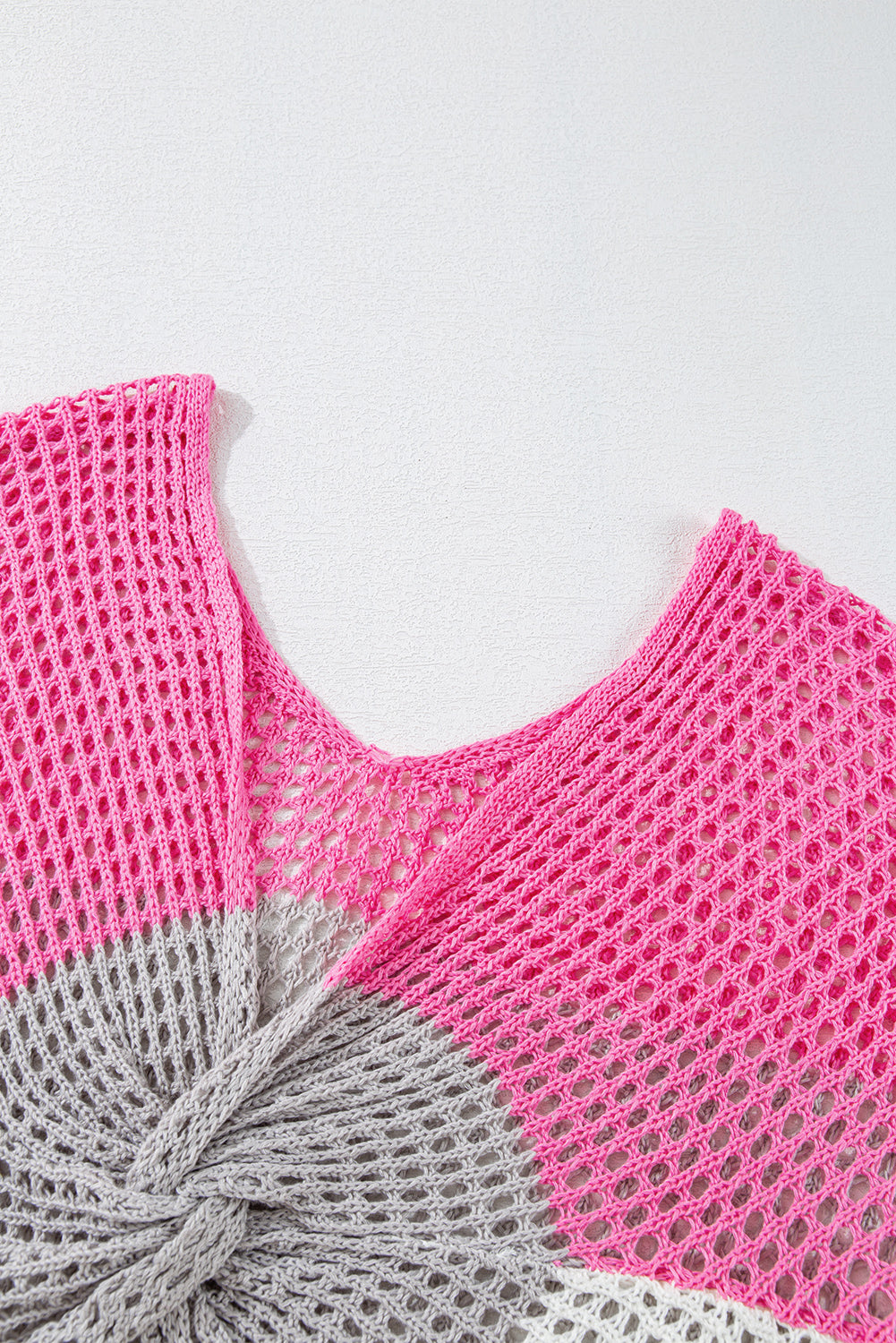 Colour Block Eyelet Long Sleeve Twisted Back Knit Top | Pink