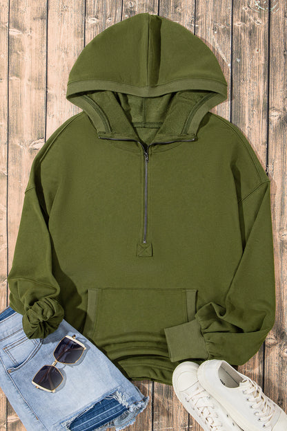 Solid Kangaroo Pocket Half Zipper Oversized Hoodie | Moss Green