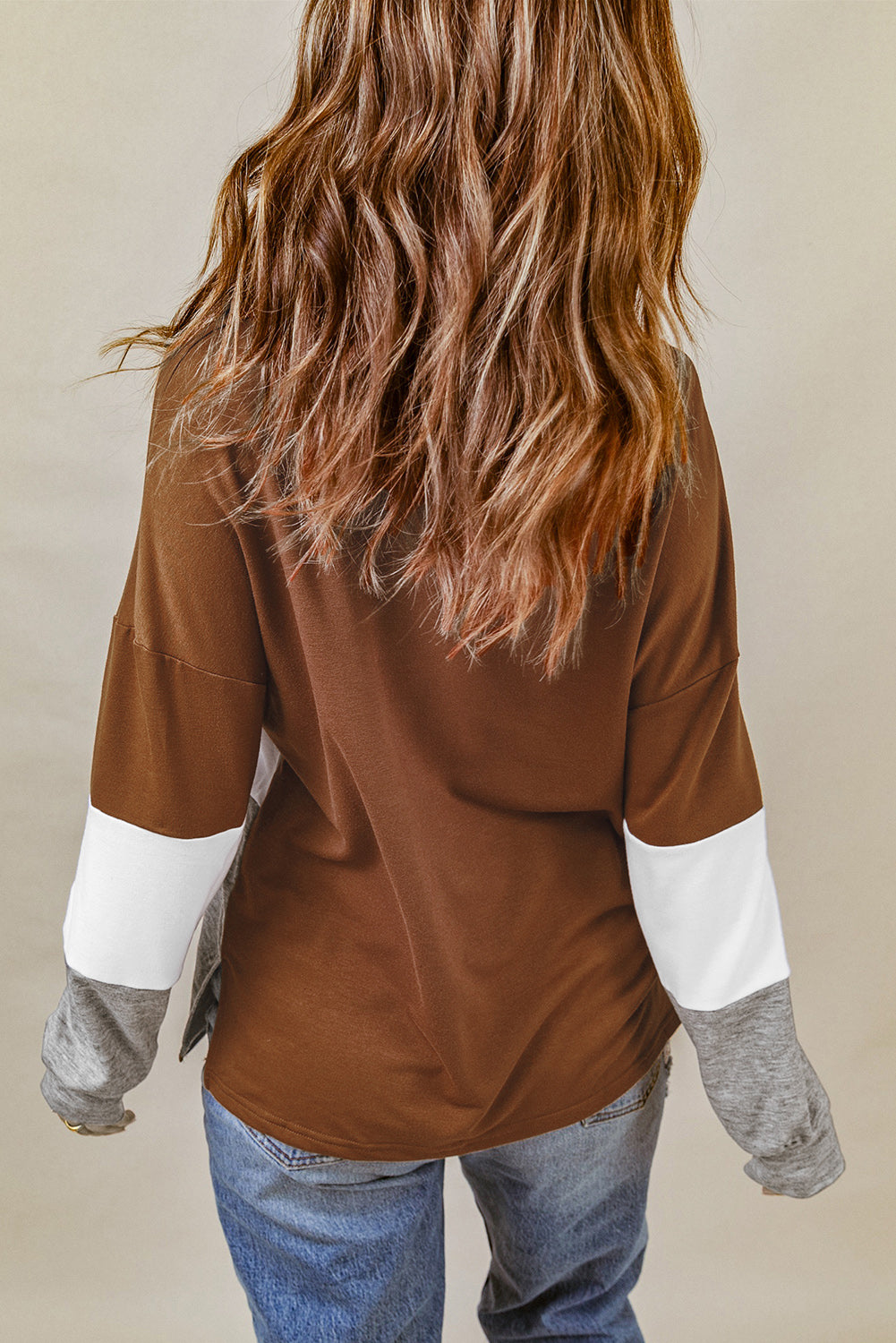 Turn-Down Collar Colourblock Pullover Sweatshirt | Brown