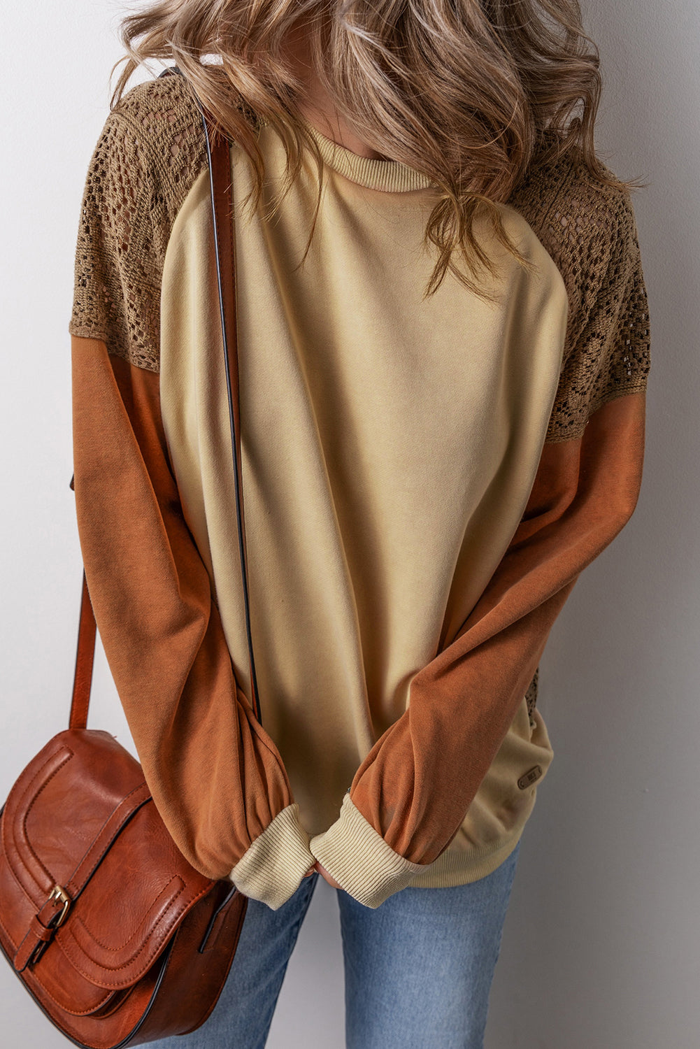 Lace Patchwork Colourblock Drop Shoulder Sweatshirt | Khaki