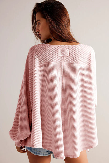 Waffle V Neck Long Sleeve Drop Shoulder Loose Blouse | Light Pink