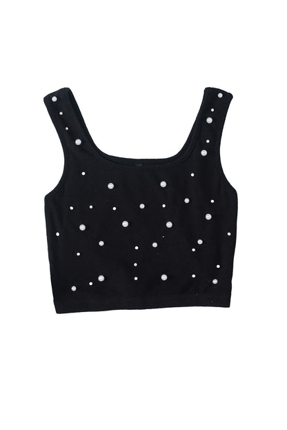 Pearl Decor Square Neck Sleeveless Crop Top | Black