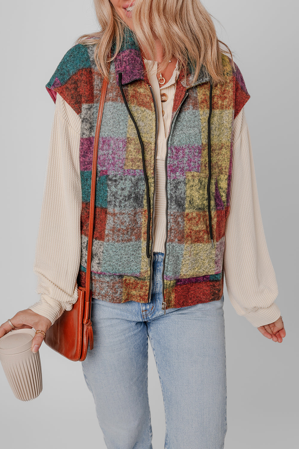 Plaid Print Side Pockets Zipped Loose Vest | Multicolour