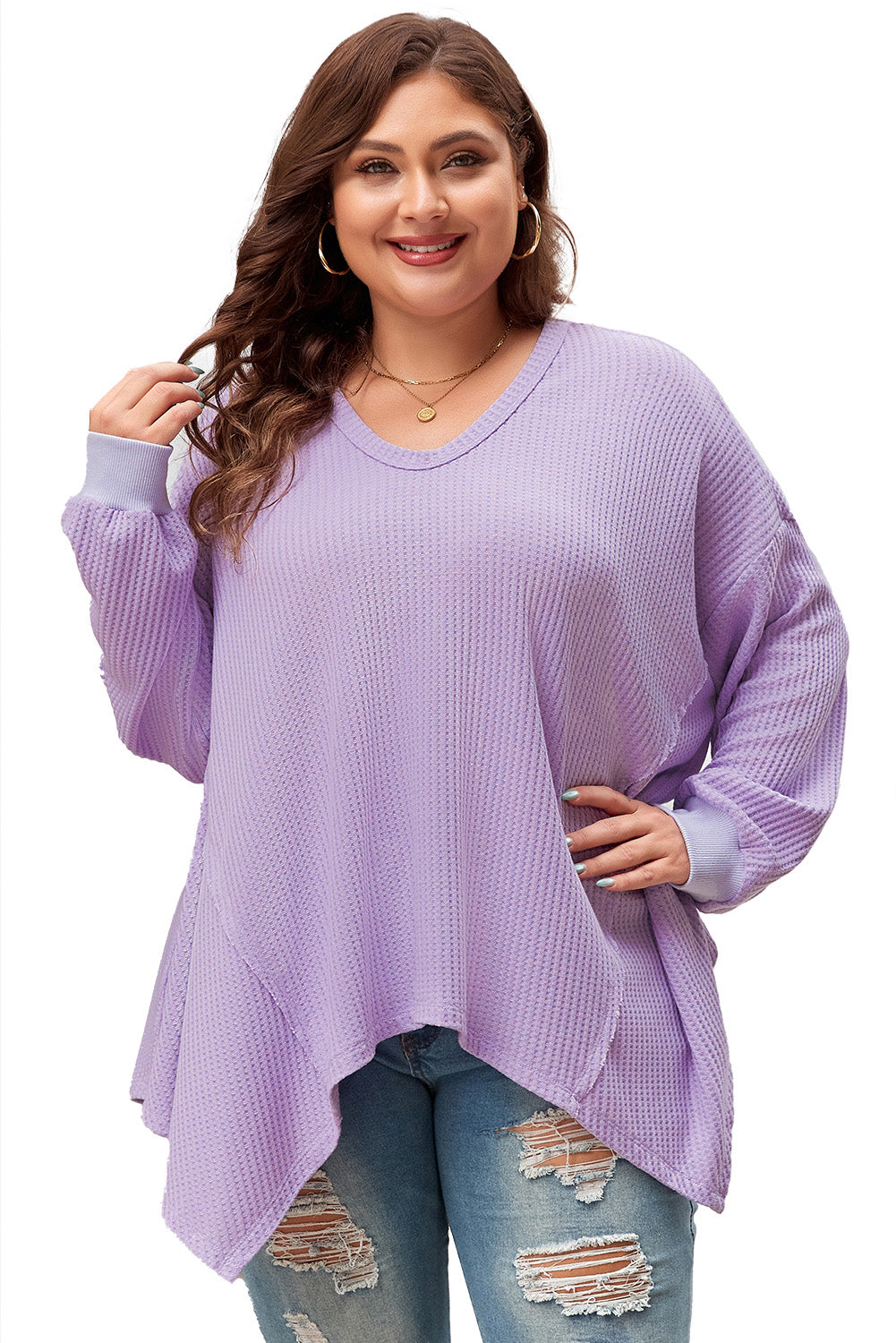 Plus Size Waffle Knit Exposed Seam Flowy Top | Orchid Petal