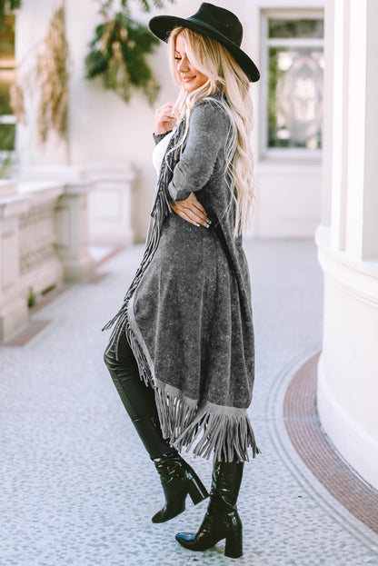 Fringed Hem Pocketed Open Cardigan | Black