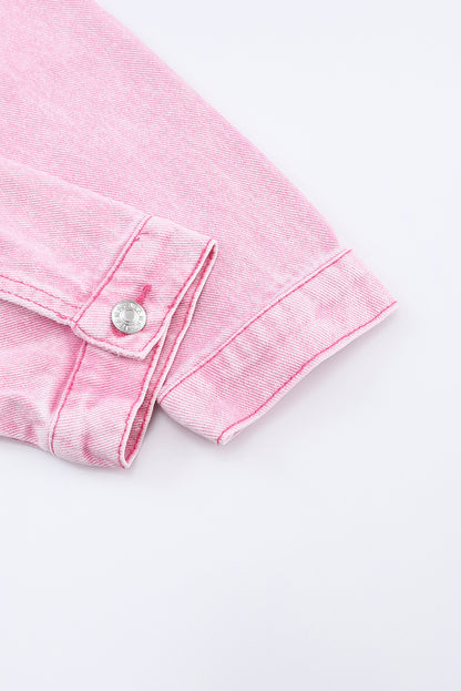 Acid Wash Button Flap Pocket Denim Jacket | Pink