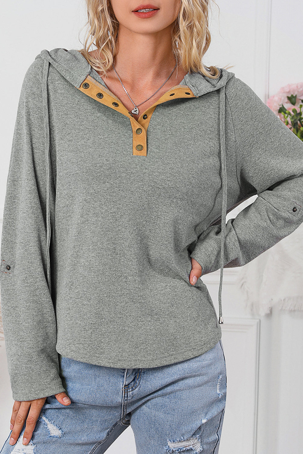 Quarter Buttoned Drawstring Pullover Hoodie | Gray