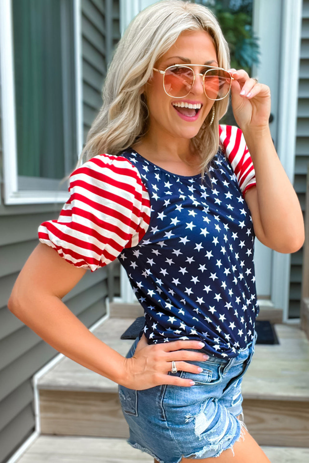 4th of July Stars Stripes Puff Sleeve T Shirt | Navy Blue