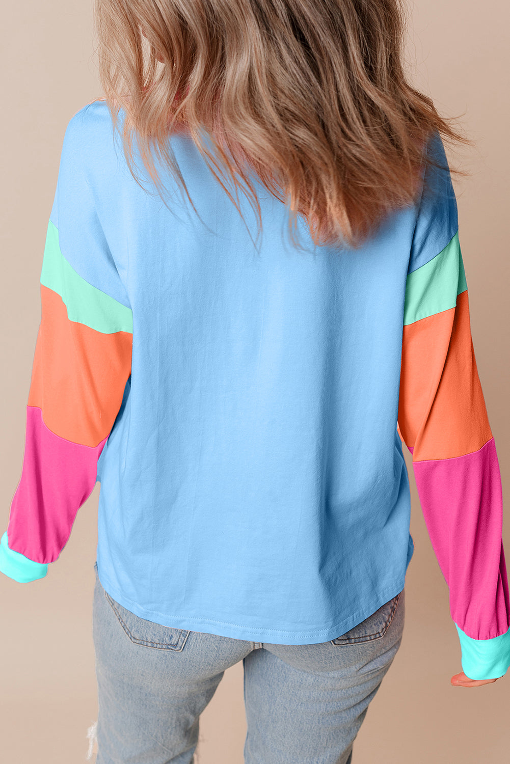 Colourblock Patchwork Long Sleeve Loose Top | Dark Blue