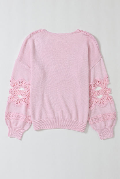 Hollowed Lace Splicing V Neck Loose Sweater | Pink