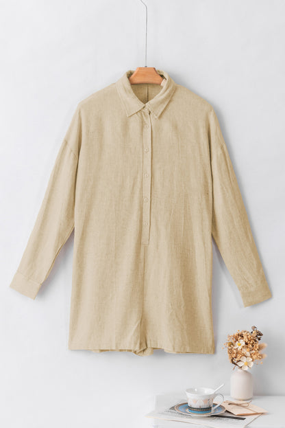 Half Button Shirt Collar Long Sleeve Loose Romper | Beige