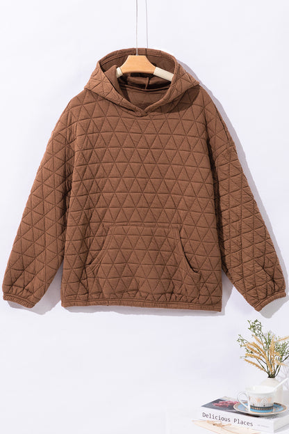 Solid Colour Quilted Kangaroo Pocket Hoodie | Coffee