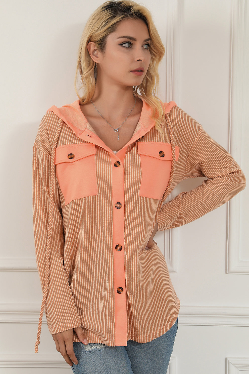 Flap Pockets Patchwork Hooded Ribbed Shacket | Apricot