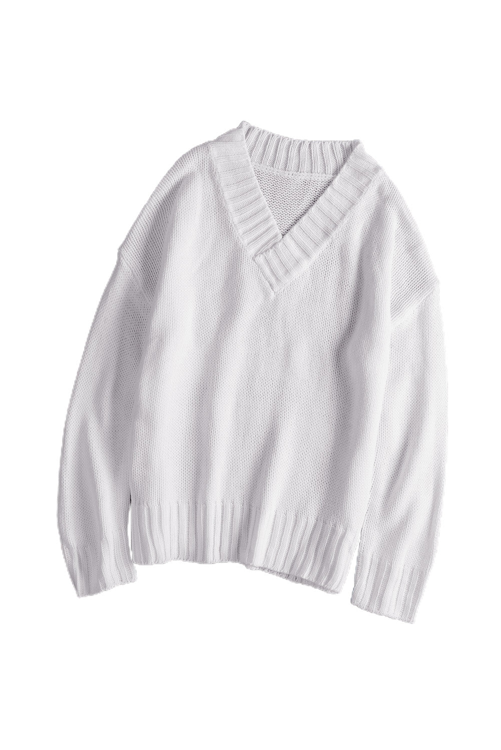 V Neck Drop Shoulder Knitted Sweater | White