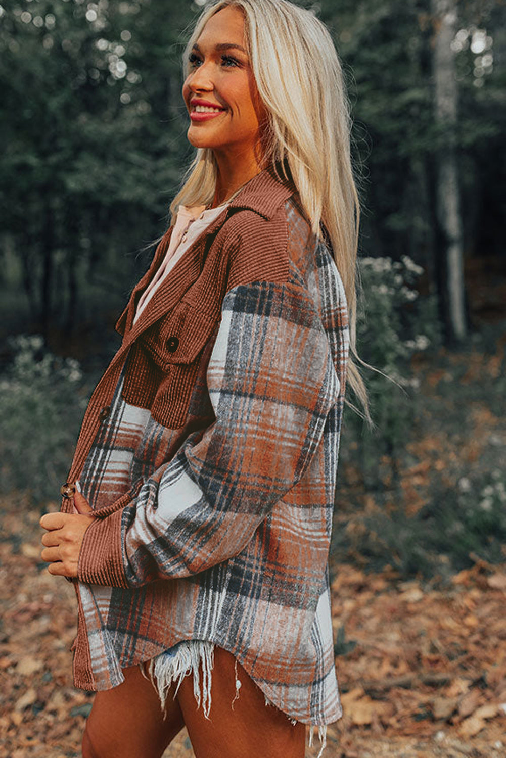 Plaid Corduroy Patchwork Chest Pocket Shacket | Cinnamon