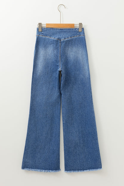 High Waist Button Fly Seamed Raw Hem Flare Jeans | Sail Blue