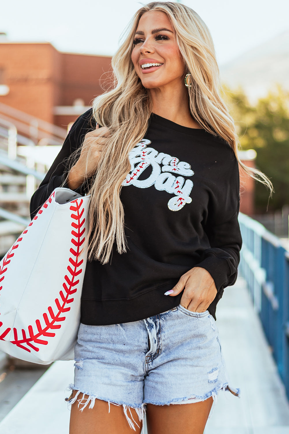 Sequined Game Day Graphic Crew Neck Sweatshirt | Black