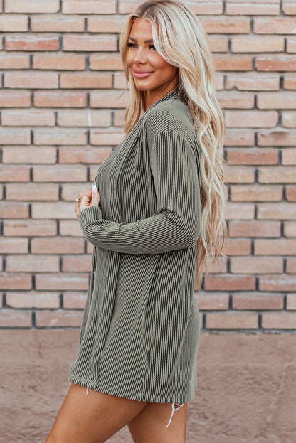 Corded Open Front Knit Cardigan | Moss Green