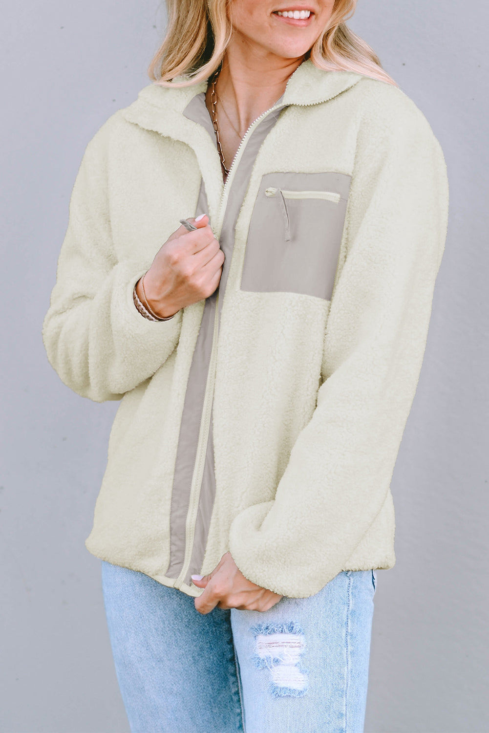 Chest Pocket Full Zipper Fuzzy Fleece Jacket | White