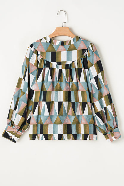 Geometric Print Buttoned Balloon Sleeve Loose Fit Shirt | Green