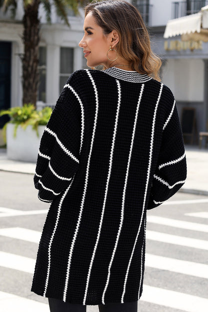 Colourblock Striped V Neck Knitted Loose Sweater | Black