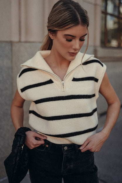 Zipped Collar Cap Sleeve Knit Top | White Stripe