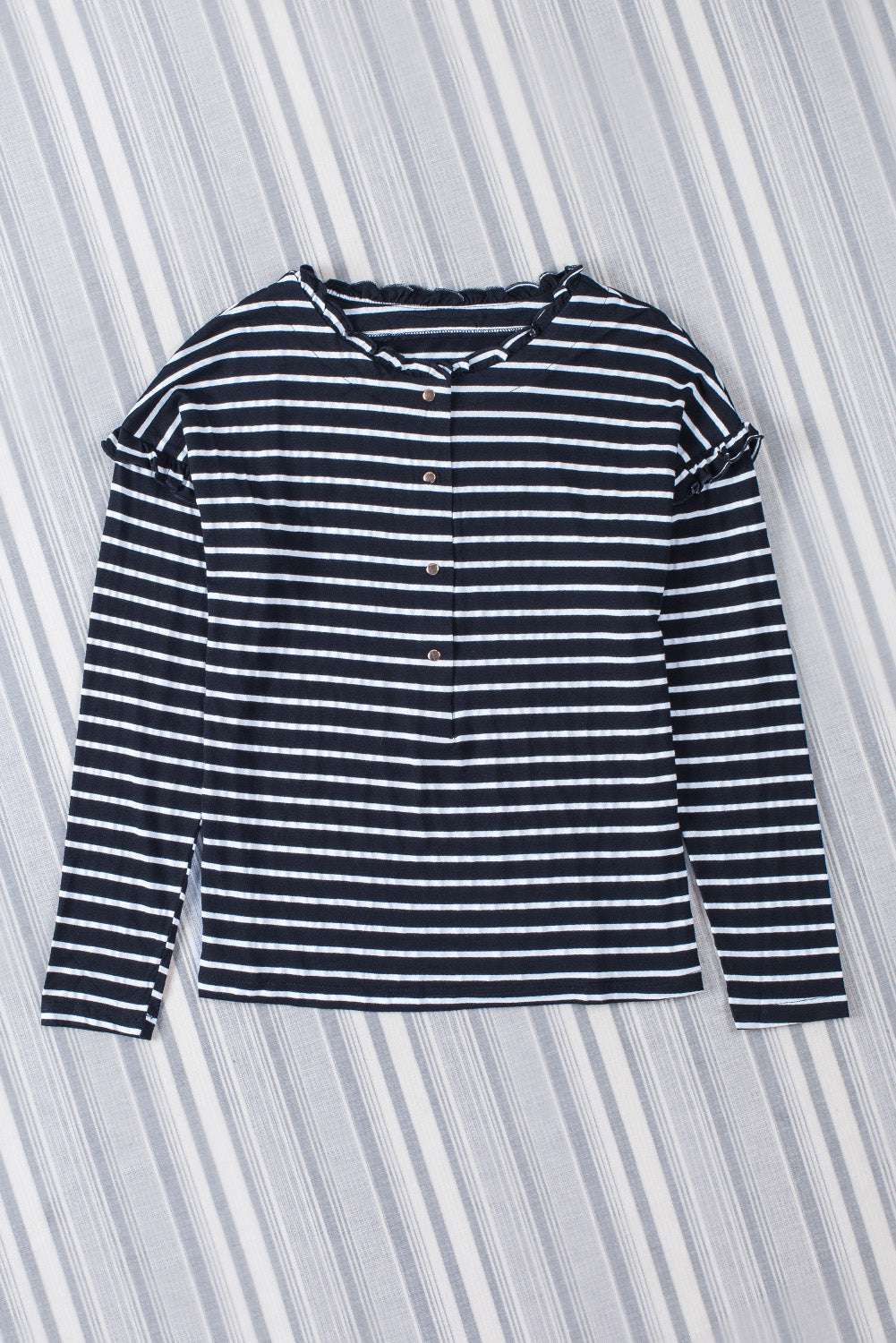 Striped Print Ruffled Buttoned Long Sleeve Top | Black