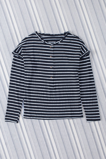 Striped Print Ruffled Buttoned Long Sleeve Top | Black