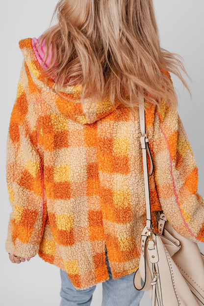 Checkered Sherpa Hooded Jacket | Orange