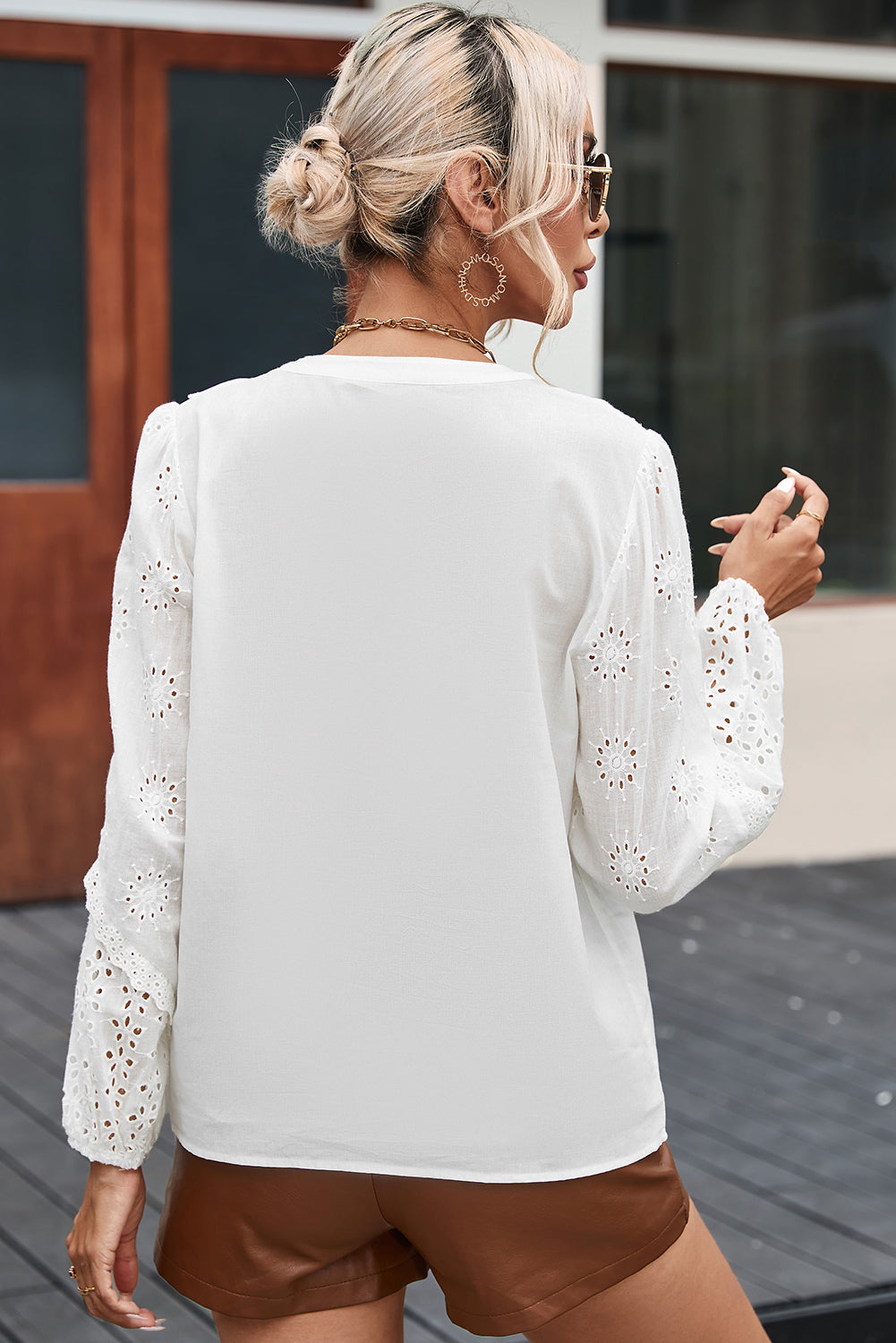 Eyelet Lace Puff Sleeve Split Neck Blouse | White