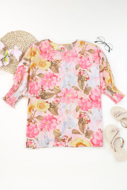 Shirred Cuff 3/4 Sleeve Loose Fit Floral Blouse | Pink