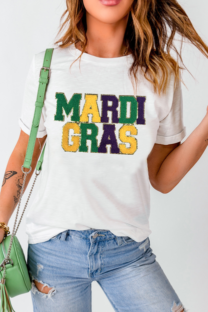 Chenille Mardi Gras Patched Graphic T Shirt | White