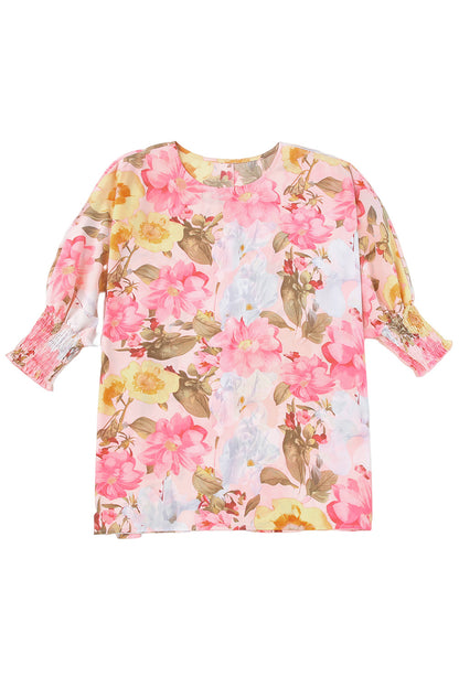 Shirred Cuff 3/4 Sleeve Loose Fit Floral Blouse | Pink