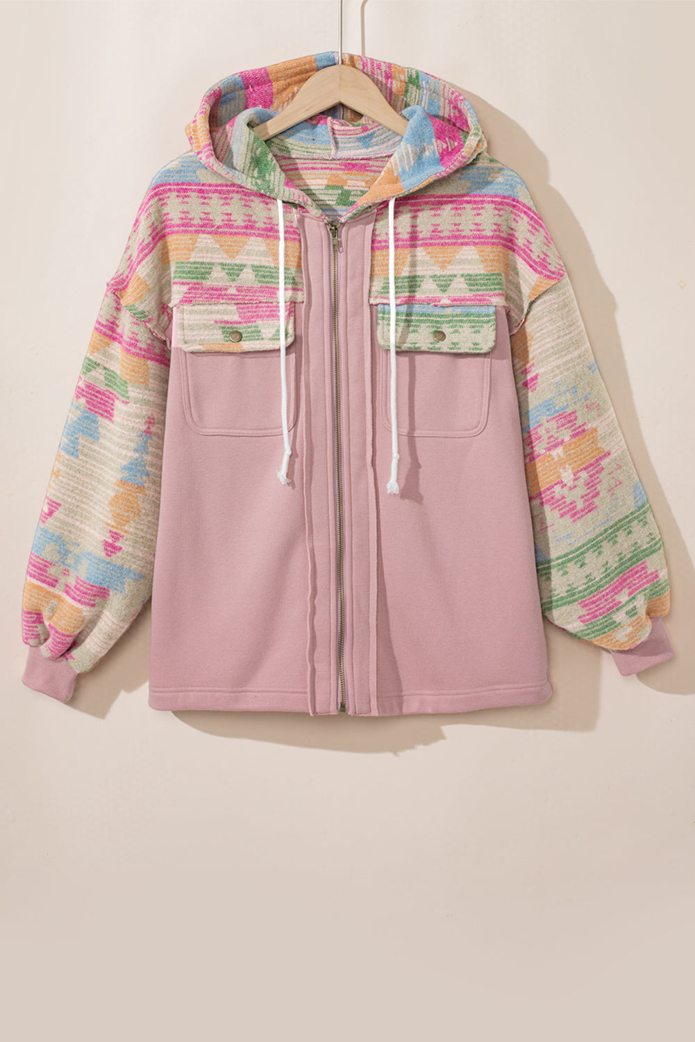 Aztec Patch Drawstring Hooded Zip Up Jacket | Light Pink