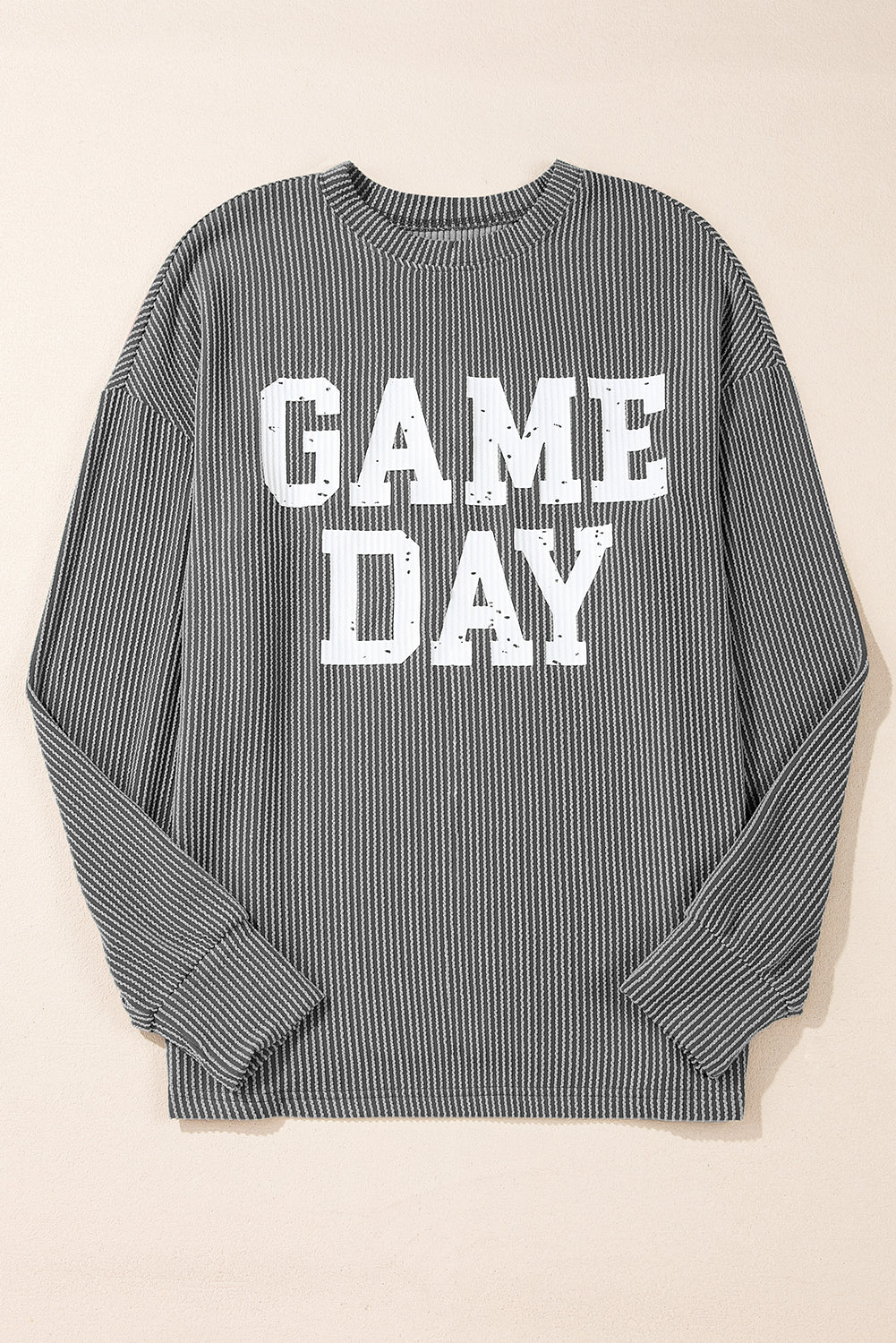 Corded Game Day Graphic Long Sleeve Crewneck Top | Dark Grey